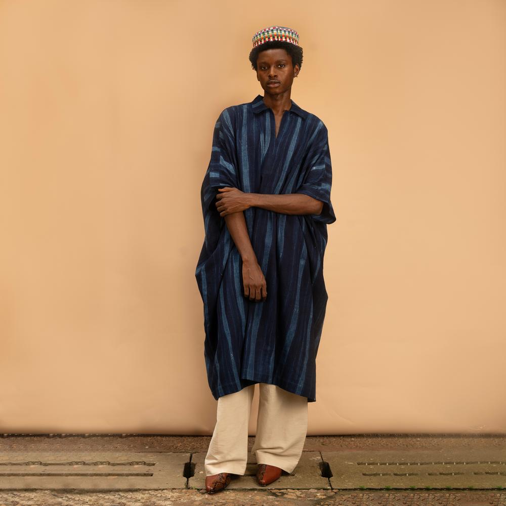 Hand dyed indigo agbada, worn